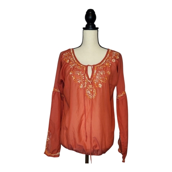 Lucky Brand Top Orange Cream Embroidered Split V Neck Ties Long Sleeve Size S - Picture 1 of 8
